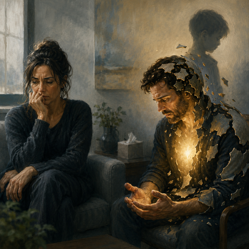 Abstract artwork evoking emotional fragments and memory during betrayal recovery